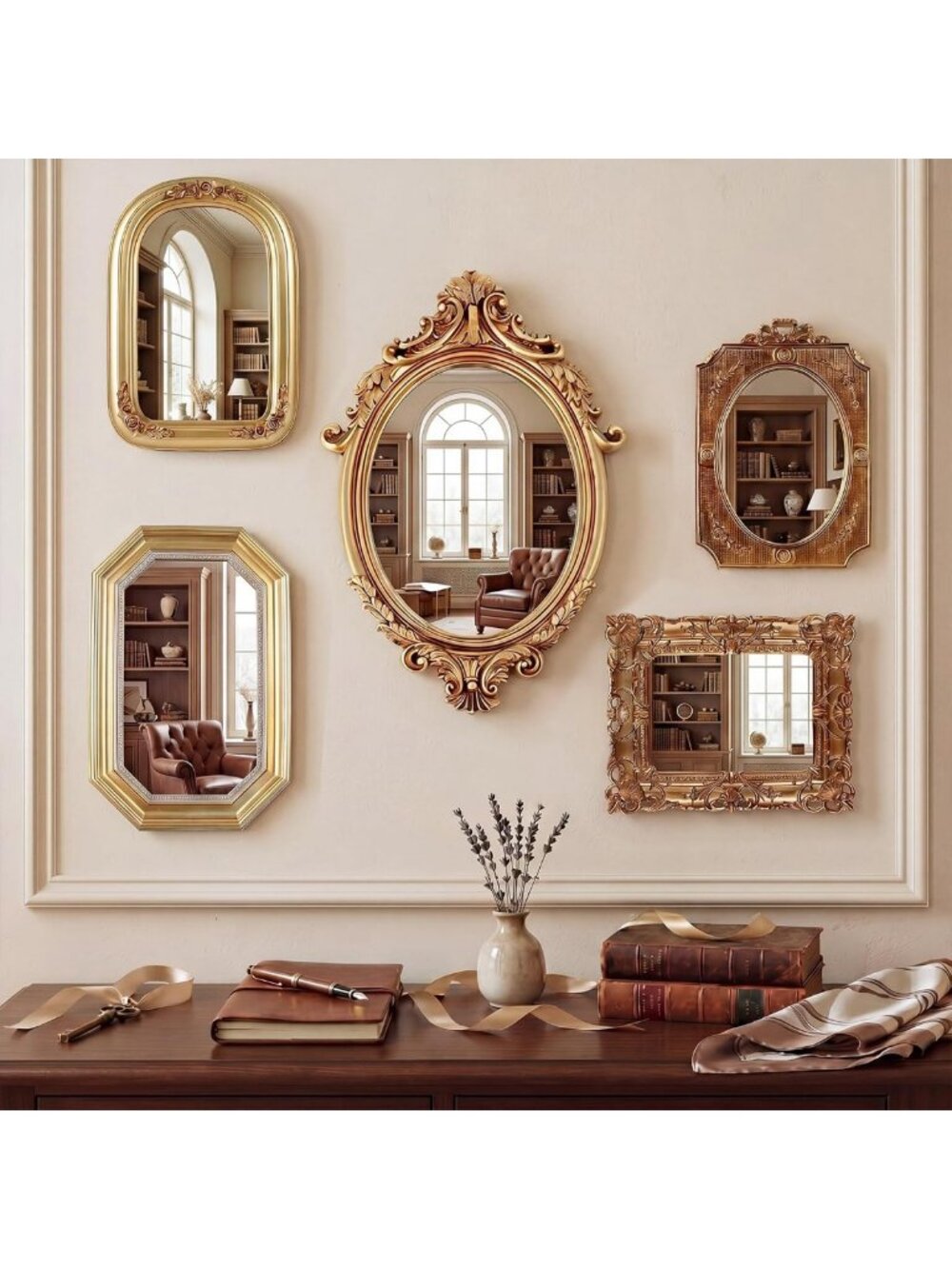 5 Pcs Vintage Gold Mirror Set for Wall Decorative Resin Frame Ornate Antique